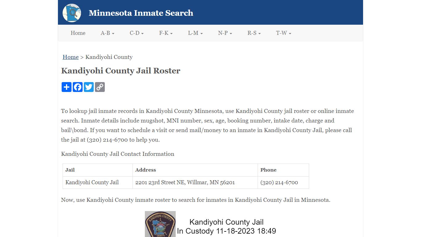 Kandiyohi County Jail Roster - Minnesota Inmate Search