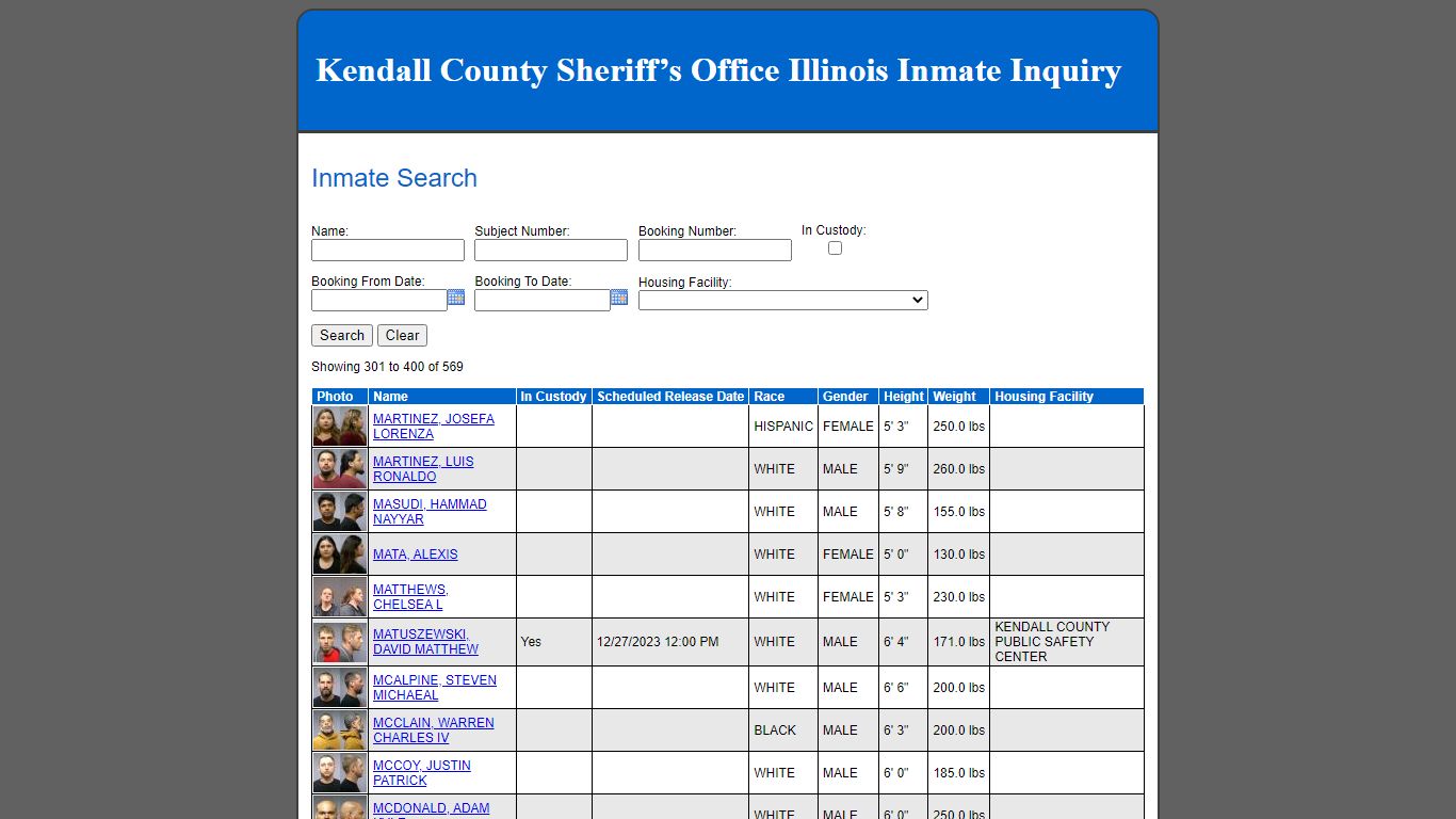 Kendall County Sheriff’s Office Illinois Inmate Inquiry - Inmate Search