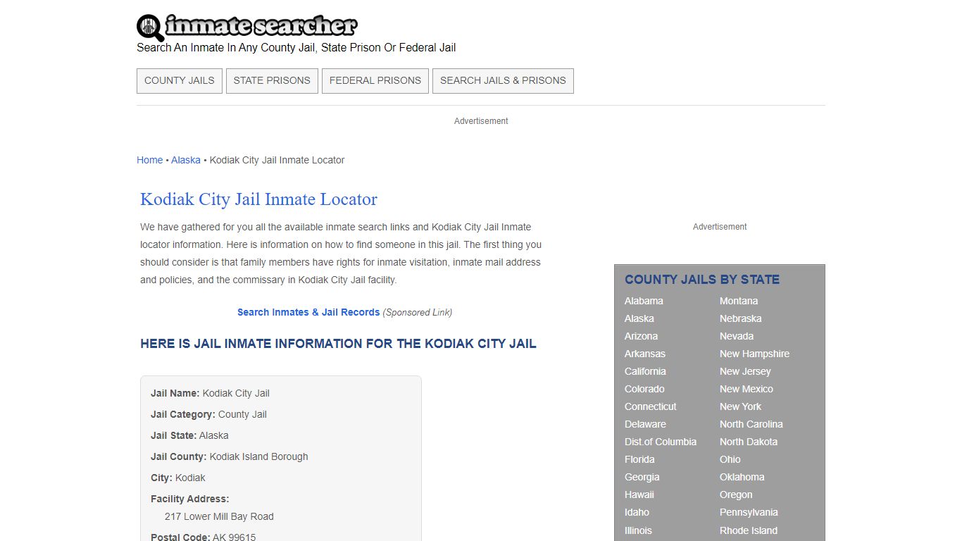 Kodiak City Jail Inmate Locator - Inmate Searcher