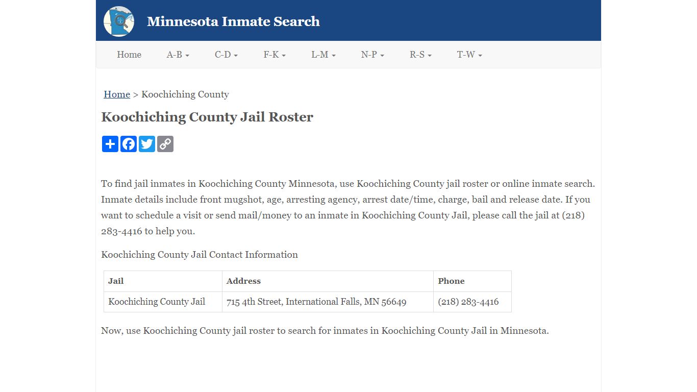 Koochiching County Jail Roster - Minnesota Inmate Search