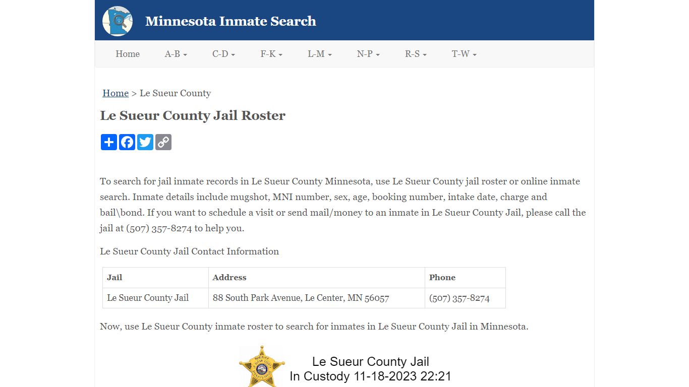 Le Sueur County Jail Roster - Minnesota Inmate Search