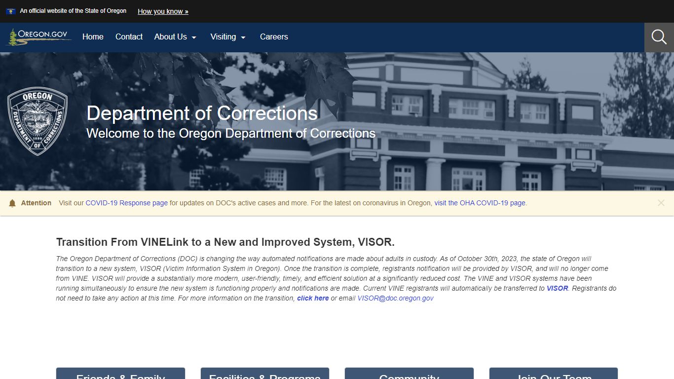 Department of Corrections : Welcome Page : State of Oregon