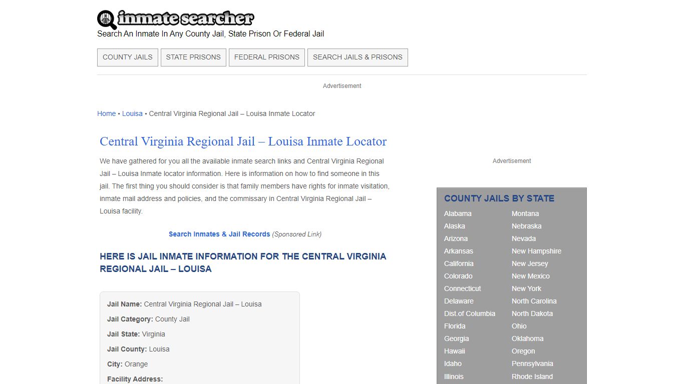 Central Virginia Regional Jail - Louisa Inmate Locator - Inmate Searcher