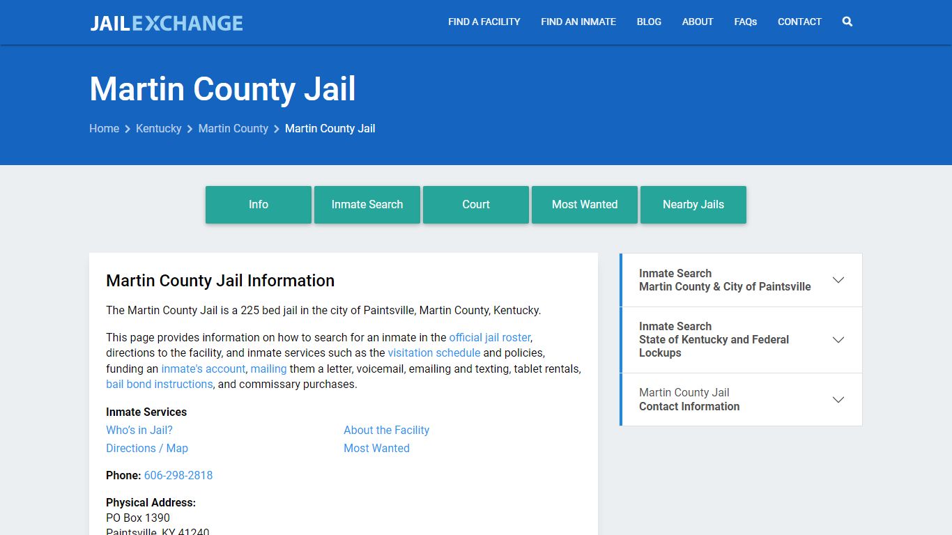 Martin County Jail, KY Inmate Search, Information