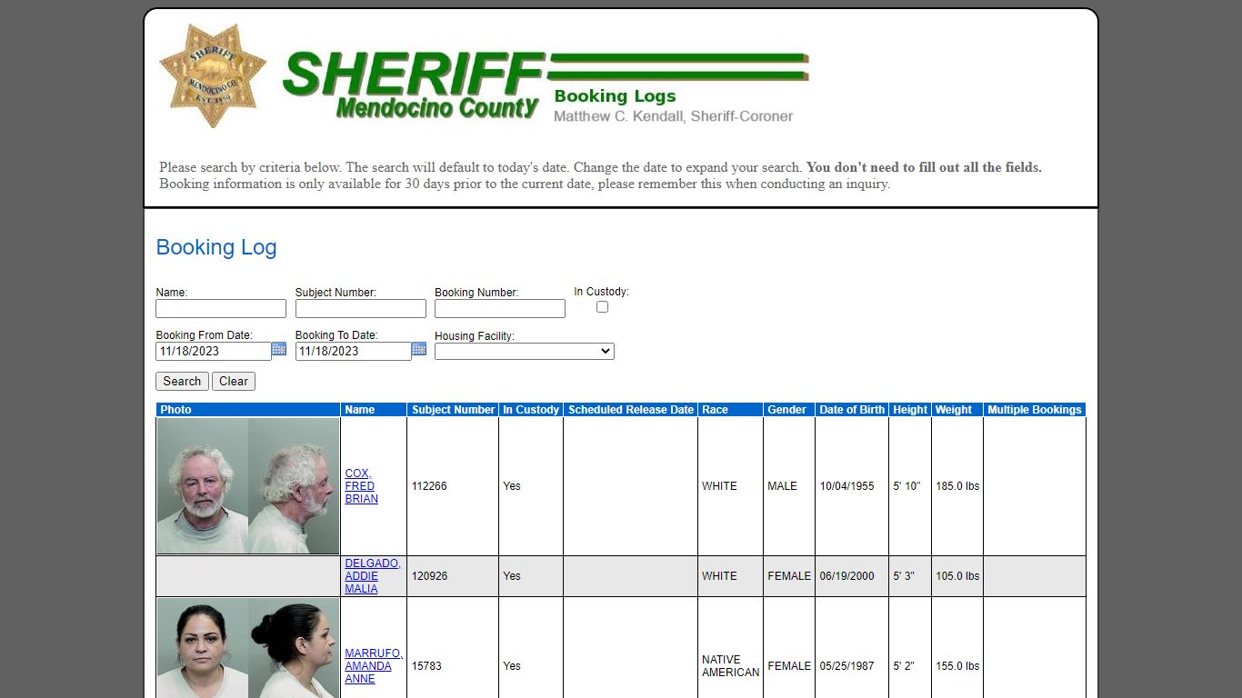 Booking Log - Mendocino County Sheriff's Office