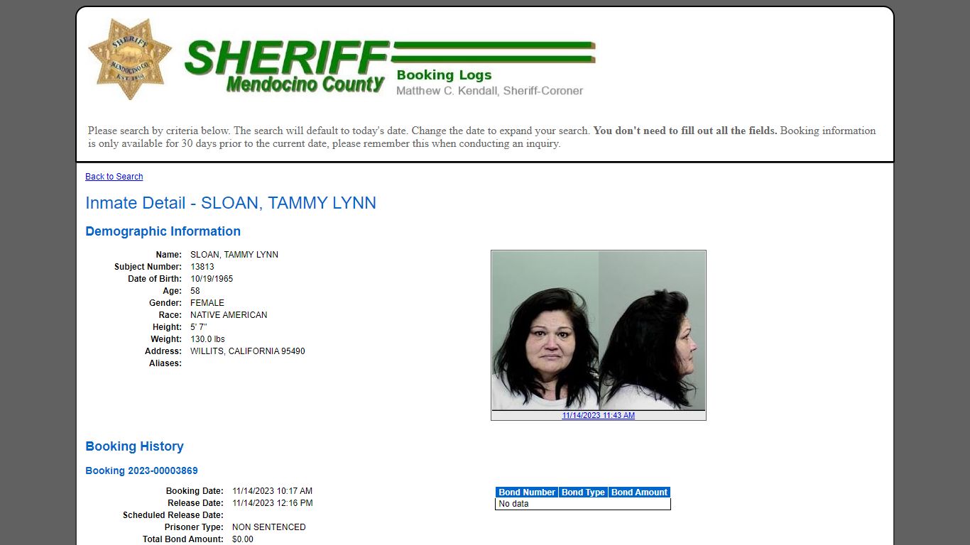 Inmate Detail - SLOAN, TAMMY LYNN