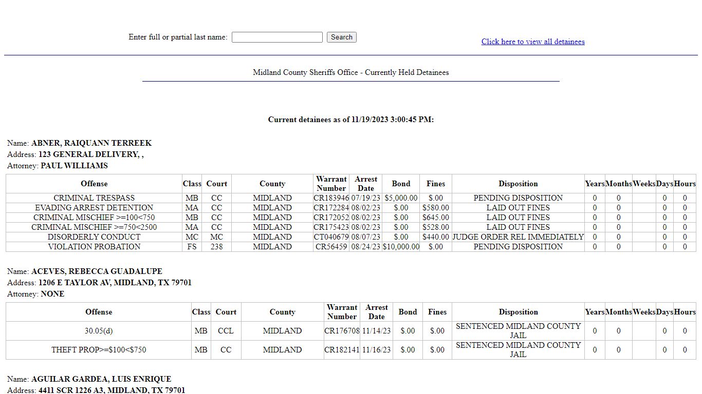 Midland County Sheriffs Office - Currently Held Detainees