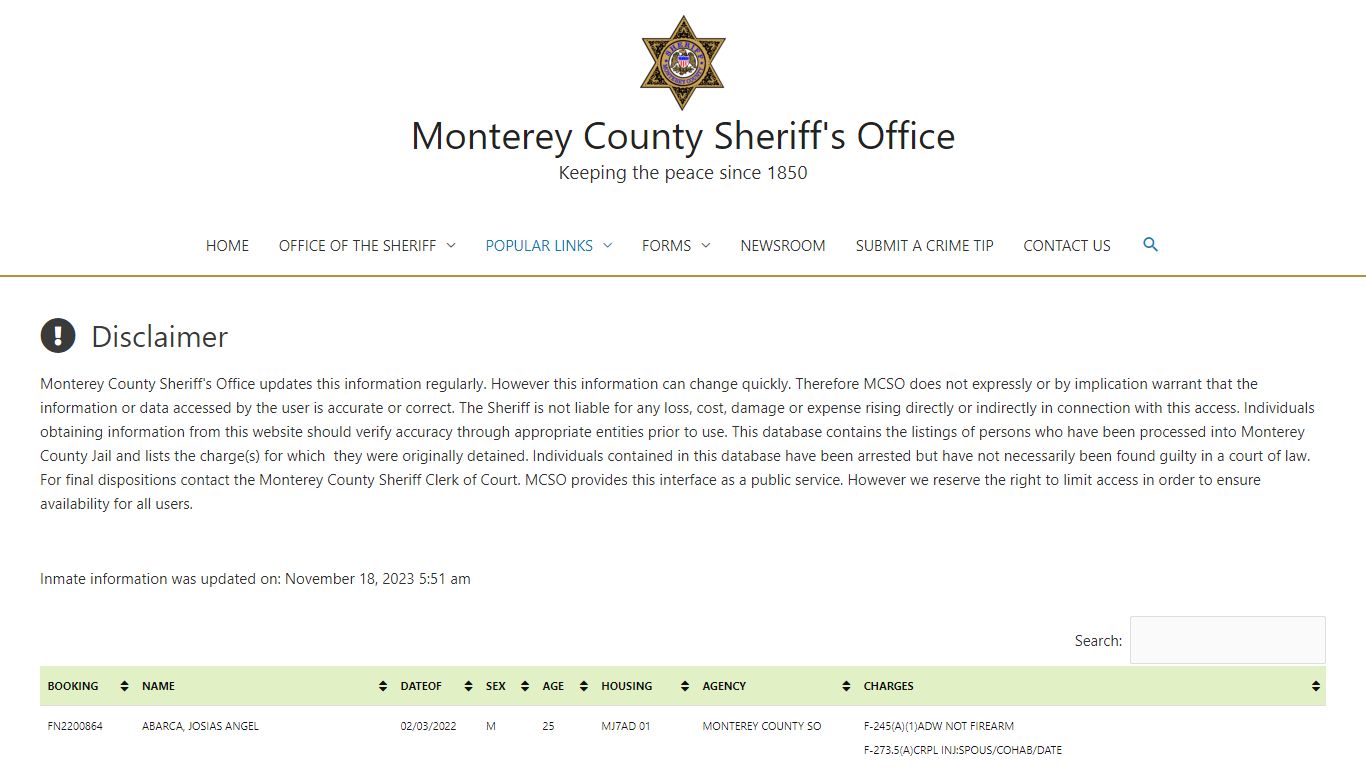 Inmate Information – Monterey County Sheriff's Office