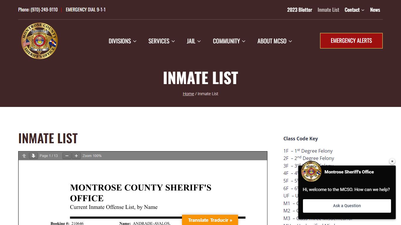 Inmate List | Montrose County Sheriff's Office