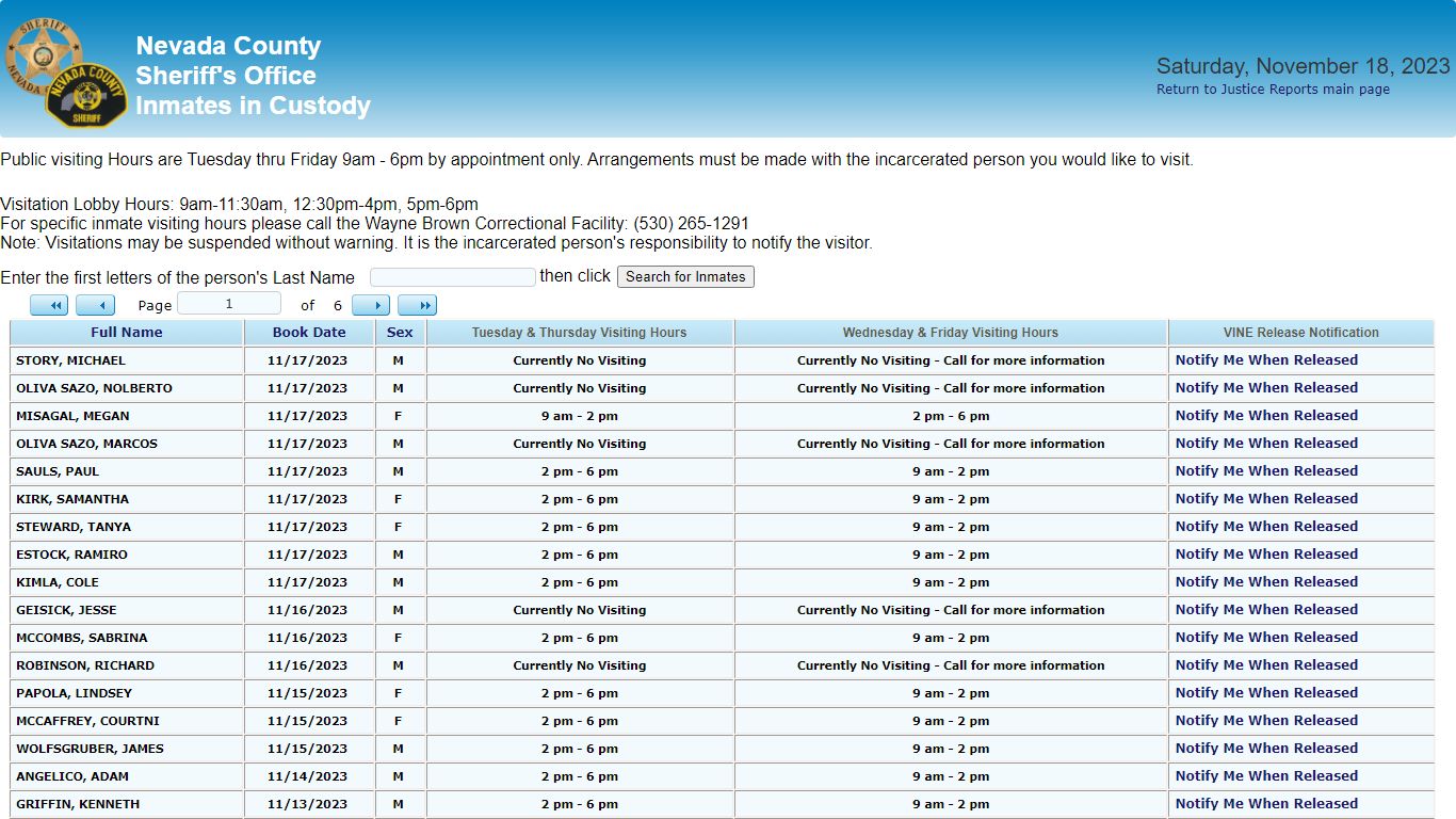 Inmates in Custody - County of Nevada Public Reporting