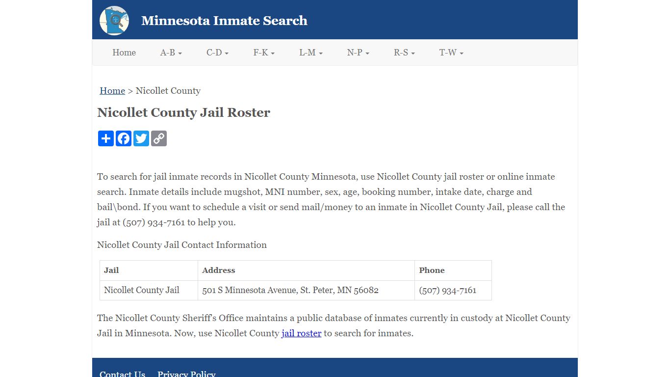 Nicollet County Jail Roster - Minnesota Inmate Search