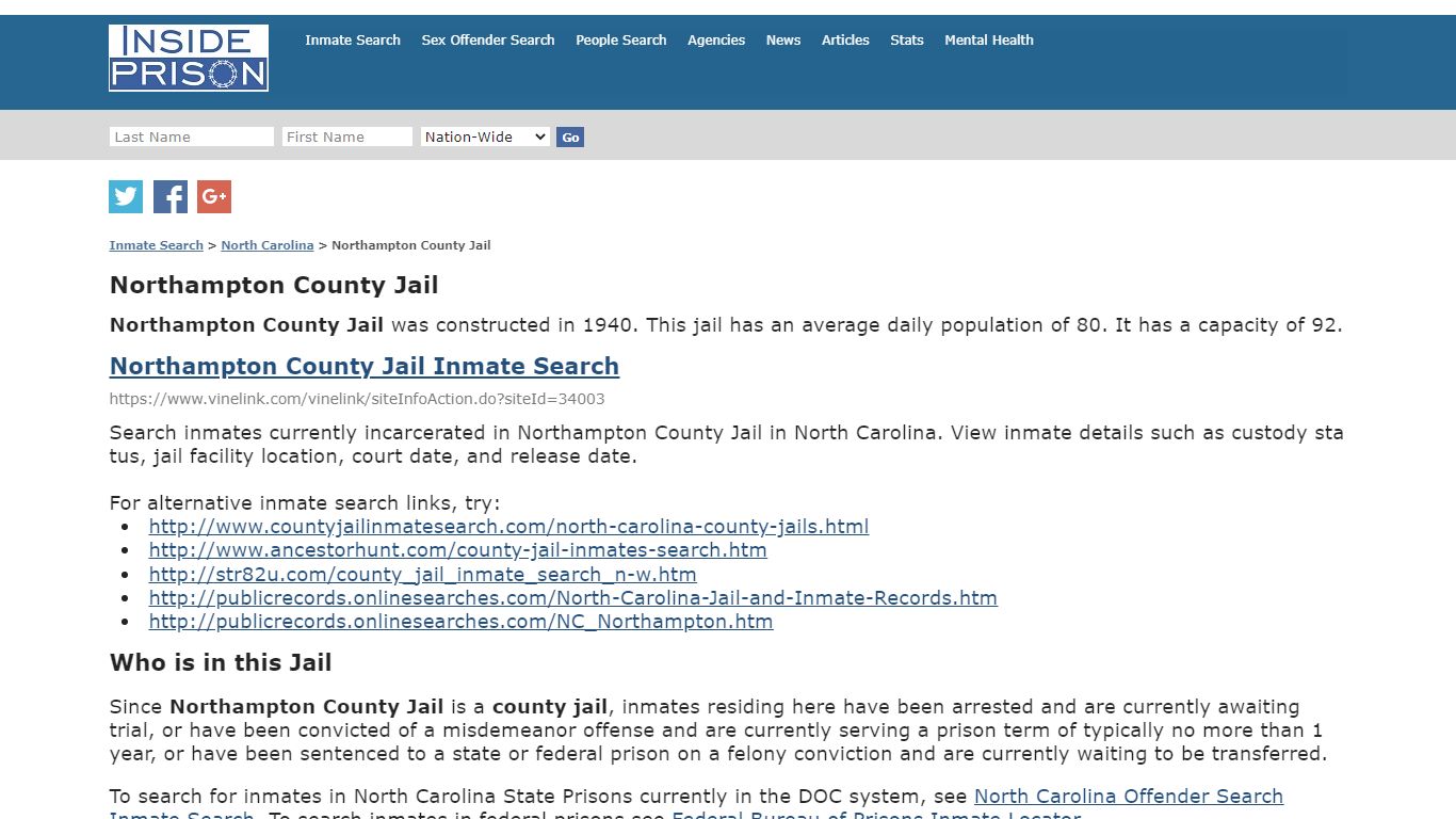 Northampton County Jail - North Carolina - Inmate Search - Inside Prison