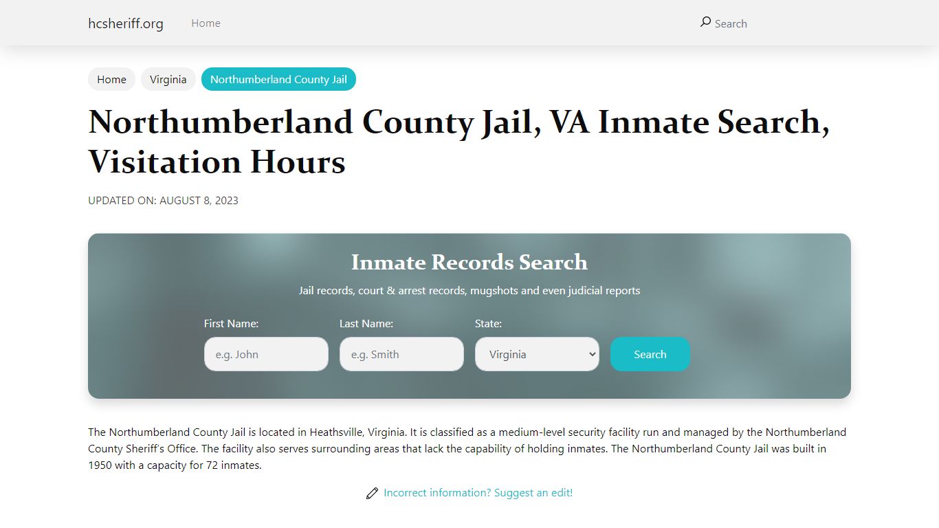 Northumberland County Jail, VA Inmate Search, Visitation Hours