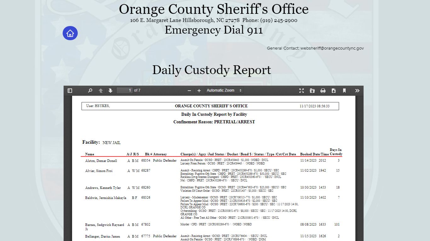 Daily Custody Report | ocso