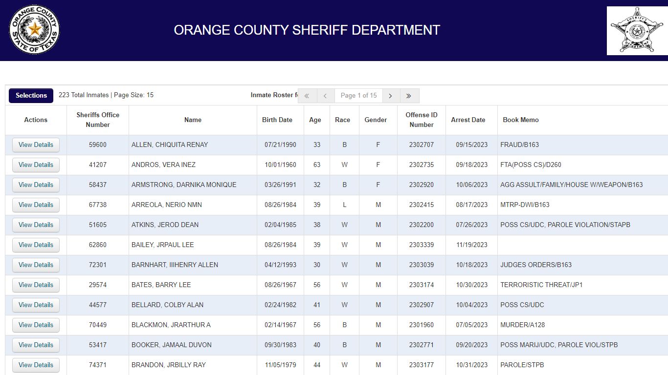 Inmate Roster - Orange County, Texas