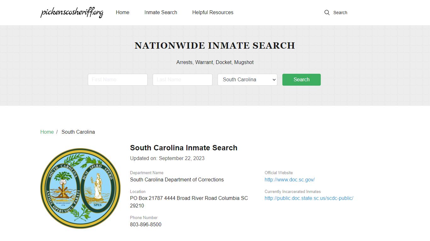 South Carolina Inmate Search – South Carolina Department of Corrections ...