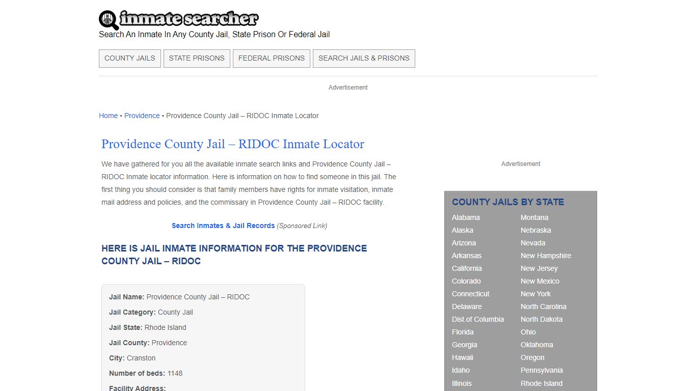 Providence County Jail - RIDOC Inmate Locator - Inmate Searcher