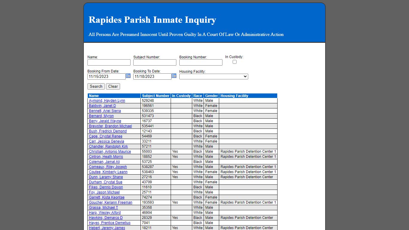 Rapides Parish Inmate Inquiry - 12.189.45.22