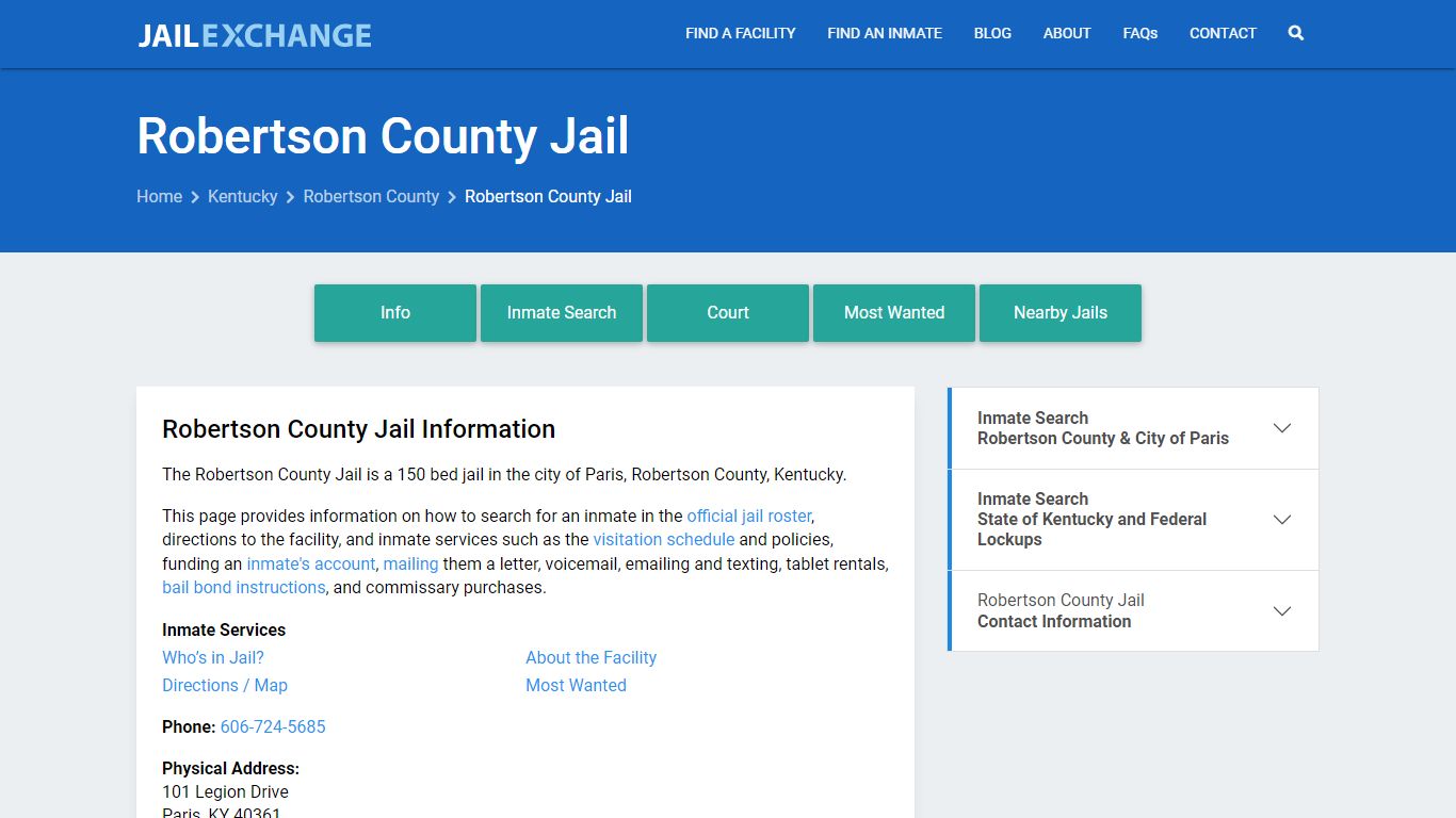 Robertson County Jail, KY Inmate Search, Information