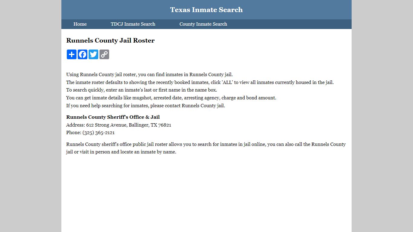 Runnels County Jail Roster - Texas Inmate Search