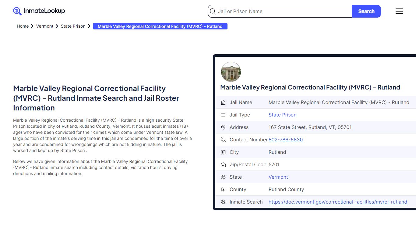 Marble Valley Regional Correctional Facility (MVRC) - Rutland Inmate ...