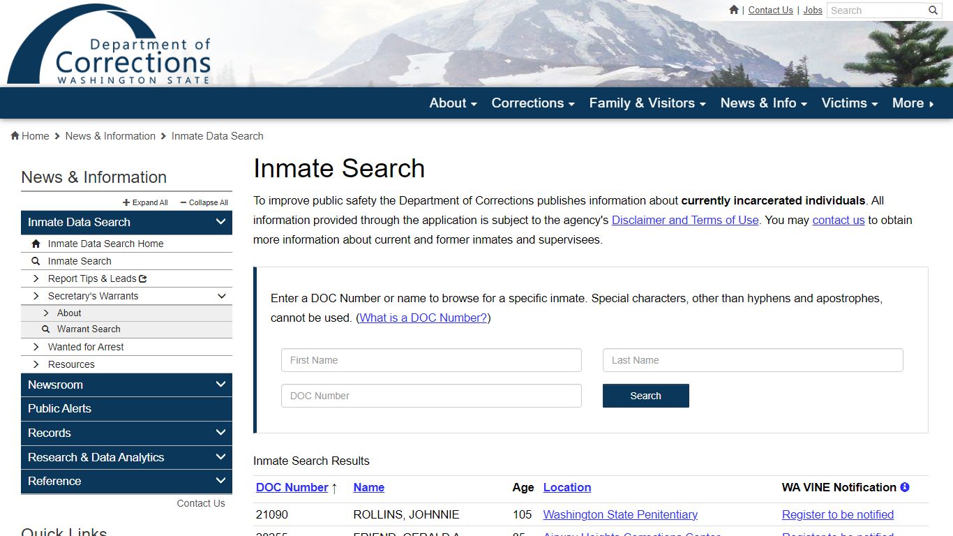 Inmate Search | Washington State Department of Corrections