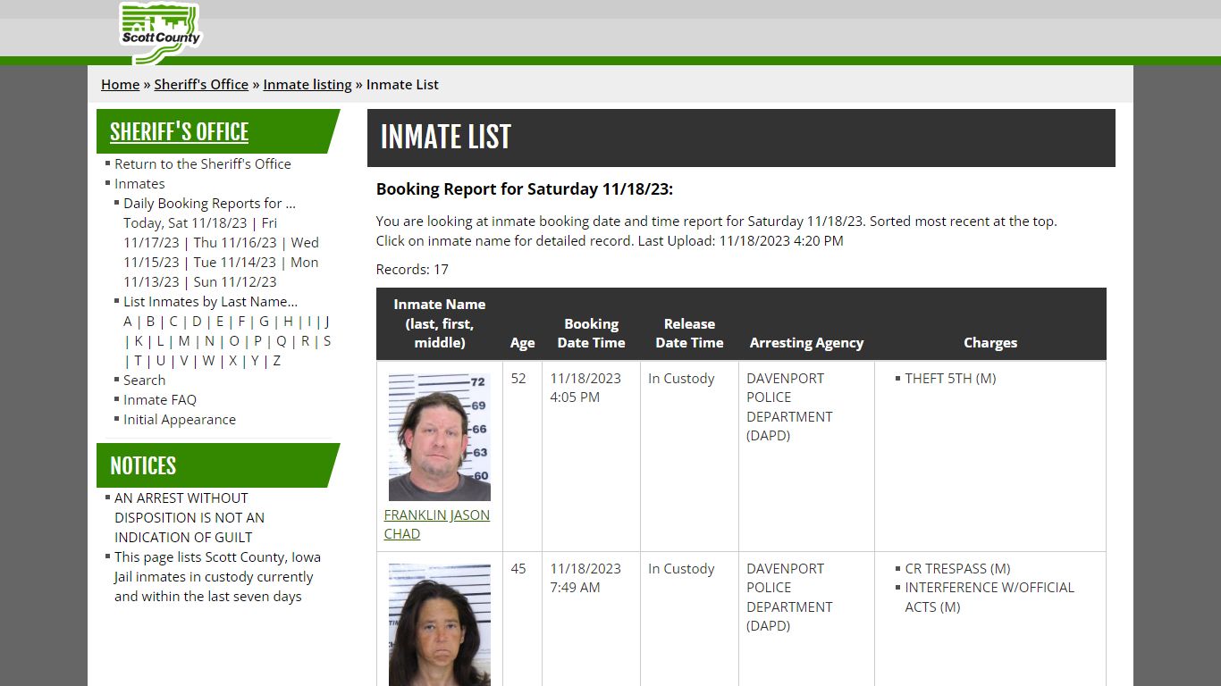 Inmate List - Scott County, Iowa