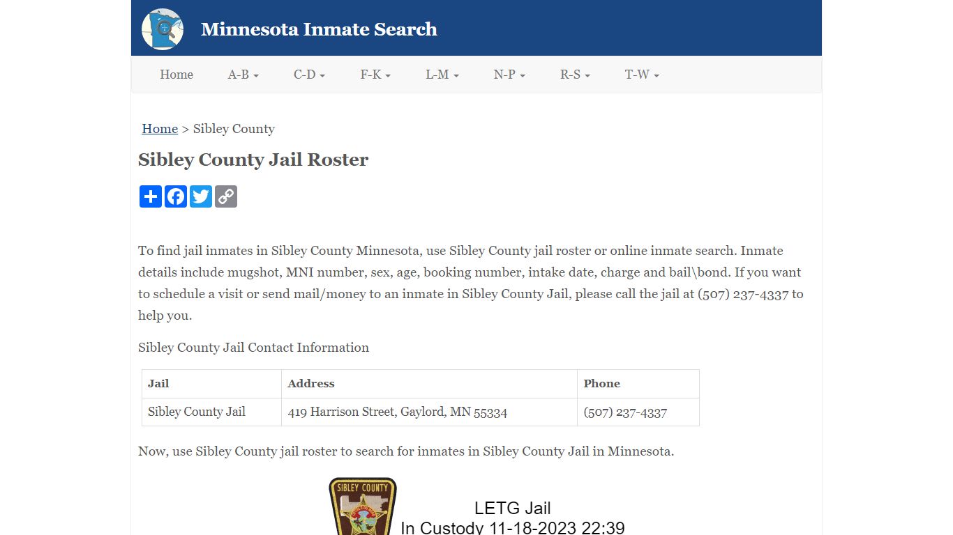 Sibley County Jail Roster - Minnesota Inmate Search