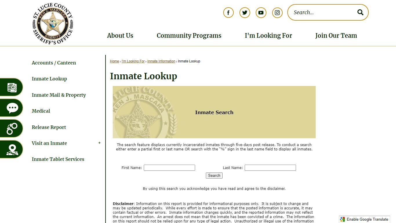 Inmate Lookup | St. Lucie Co Sheriff's Office, FL