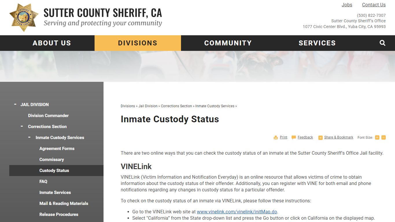 Inmate Custody Status | Sutter County Sheriff, CA