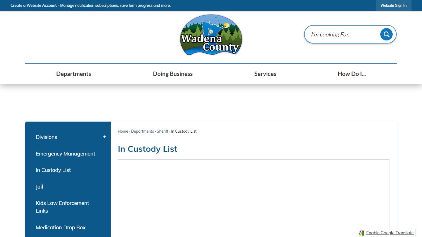 In Custody List | Wadena County, MN - Official Website