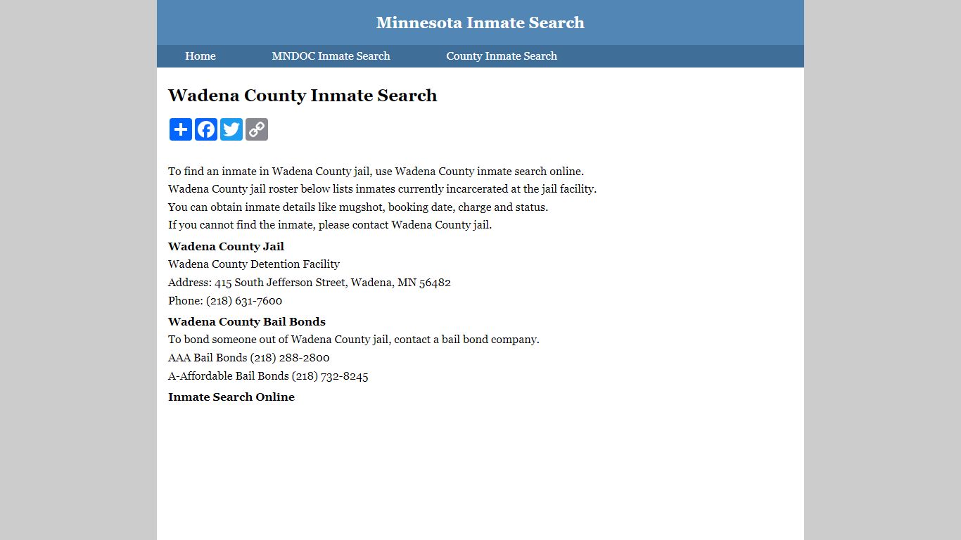 Wadena County Inmate Search