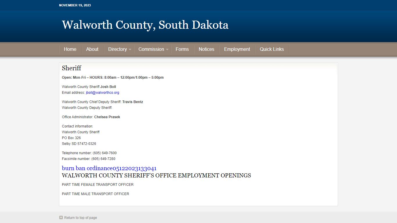 Sheriff - Walworth County, South Dakota