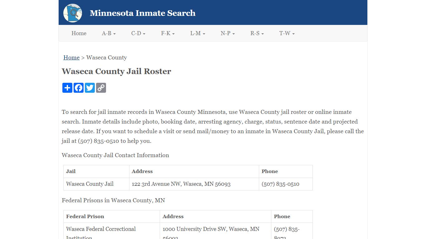 Waseca County Jail Roster - Minnesota Inmate Search