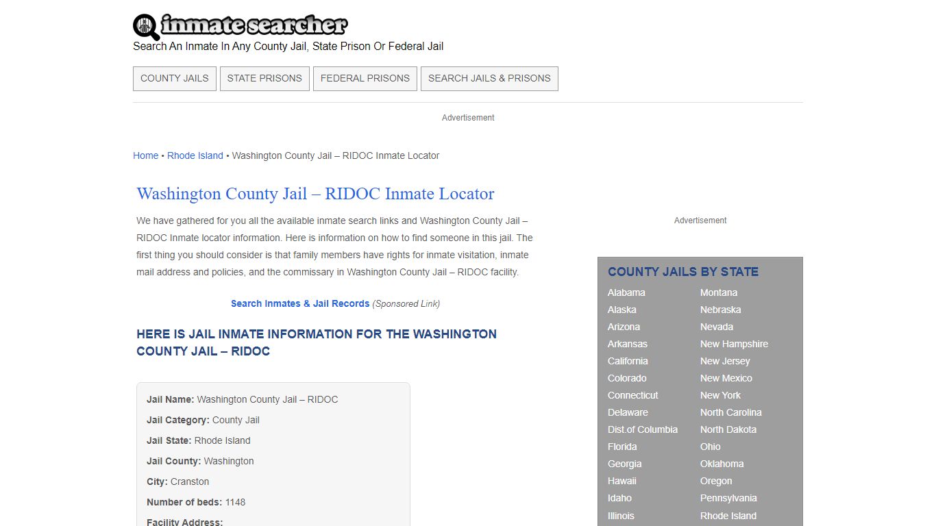 Washington County Jail - RIDOC Inmate Locator - Inmate Searcher