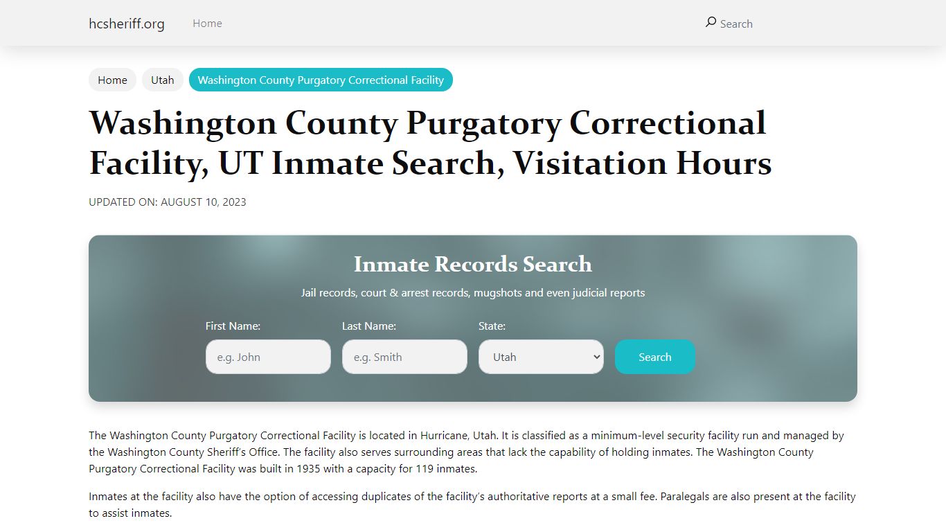 Washington County Purgatory Correctional Facility, UT Inmate Search ...