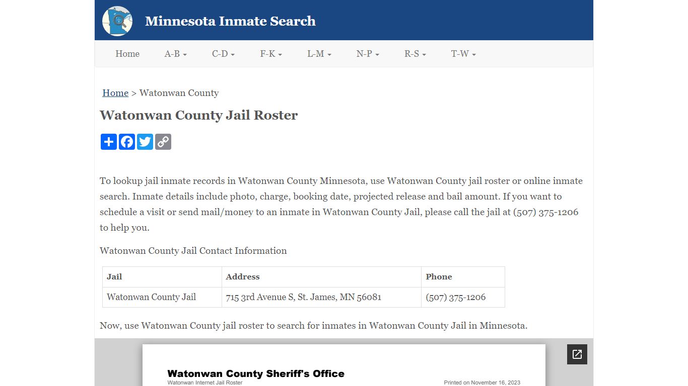 Watonwan County Jail Roster - Minnesota Inmate Search