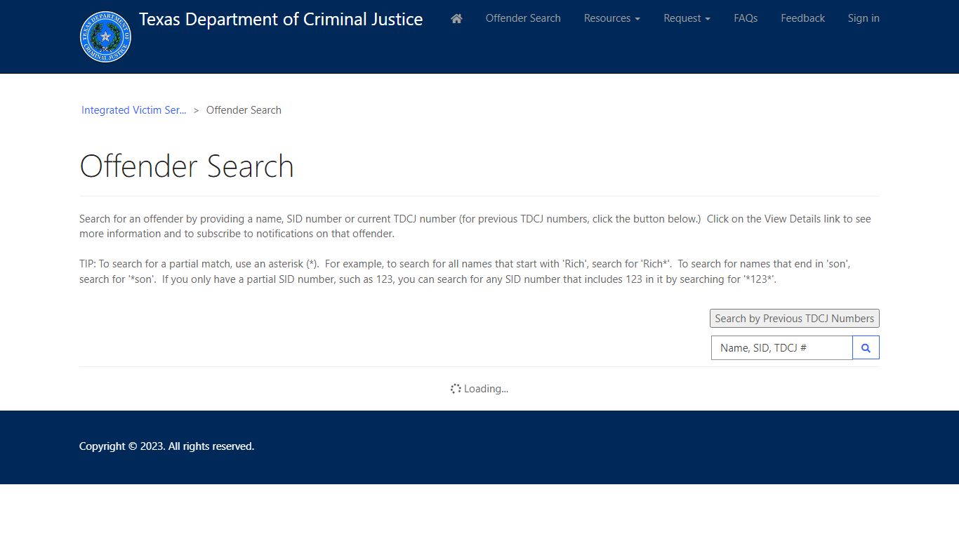 Offender Search · Customer Self-Service - Texas