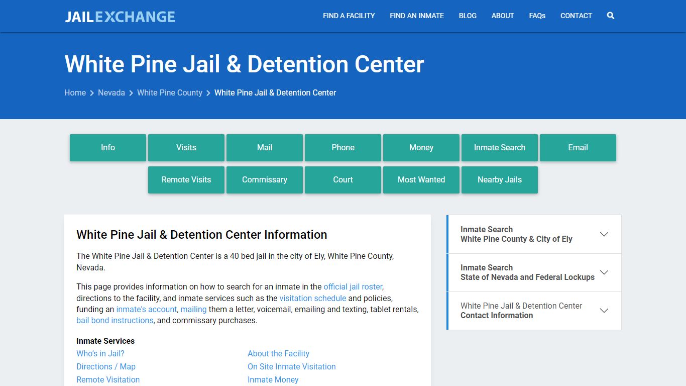 White Pine Jail & Detention Center, NV Inmate Search, Information