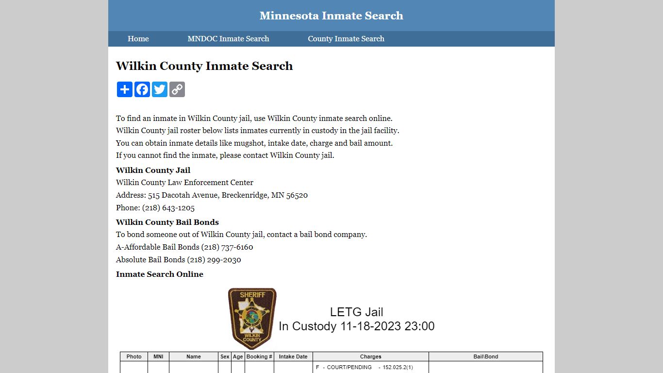 Wilkin County Inmate Search