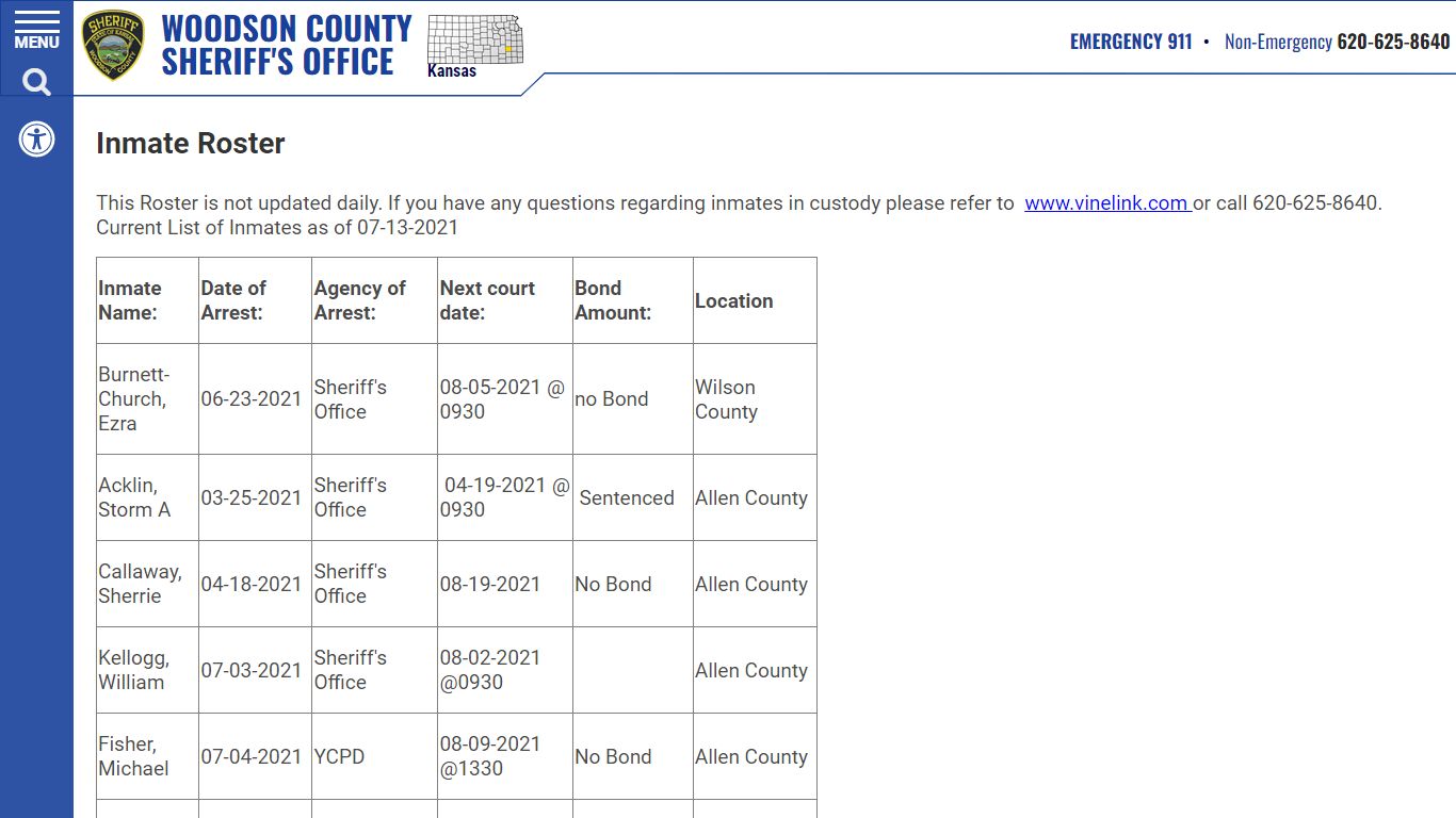 Inmate Roster - Woodson County, Kansas Sheriff's Office